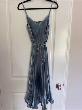 fab'rik Pleated Satin Maxi Slip Dress in Light Blue